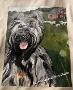 Portrait of a happy dog with a scenic house background.